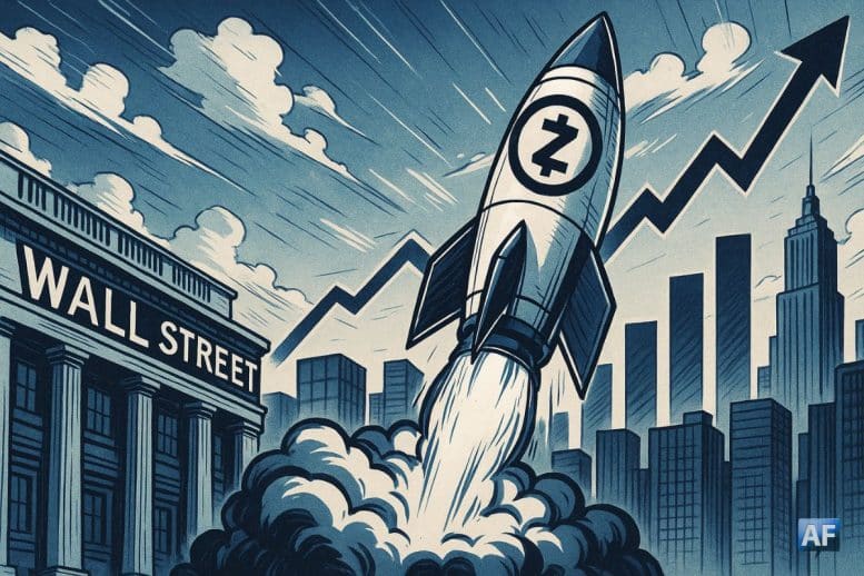 Illustration manga d’une fusée Zcash décollant devant Wall Street avec des graphiques haussiers
