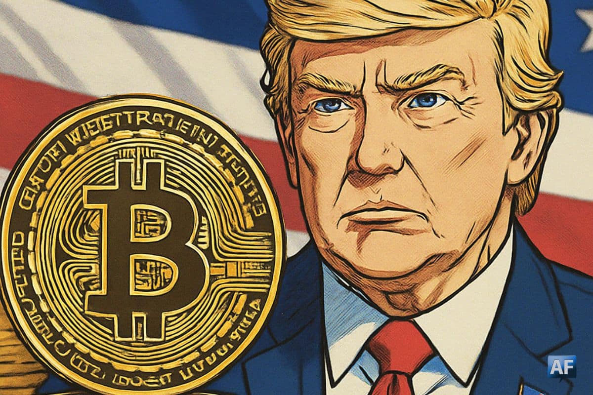 Illustration style manga montrant Donald Trump devant un drapeau américain, aux côtés d’un gros Bitcoin doré, pour illustrer un article sur ses liens présumés avec la crypto et la corruption.