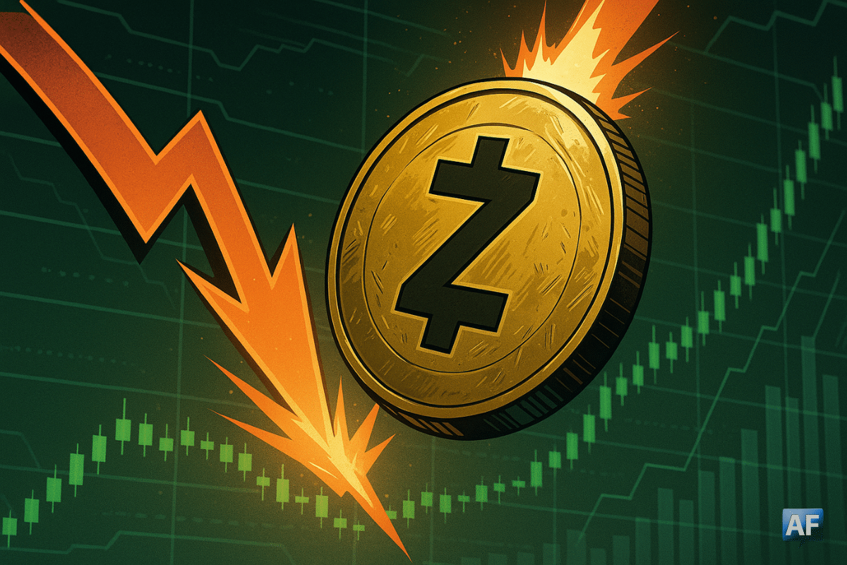 Illustration symbolisant la montée rapide du prix du Zcash avec un graphique haussier et le logo ZEC