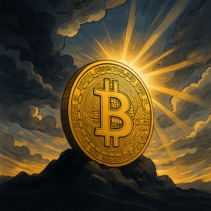 Bitcoin doré éclairé par des rayons de soleil perçant un ciel orageux, symbolisant un rebond après une période de baisse.