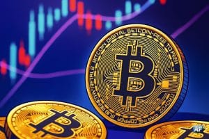 Visuel manga montrant un Bitcoin brillant sur fond de graphique haussier flou, illustrant le rebond du BTC au-dessus des 87 000 dollars et les tensions liées à un potentiel short squeeze.