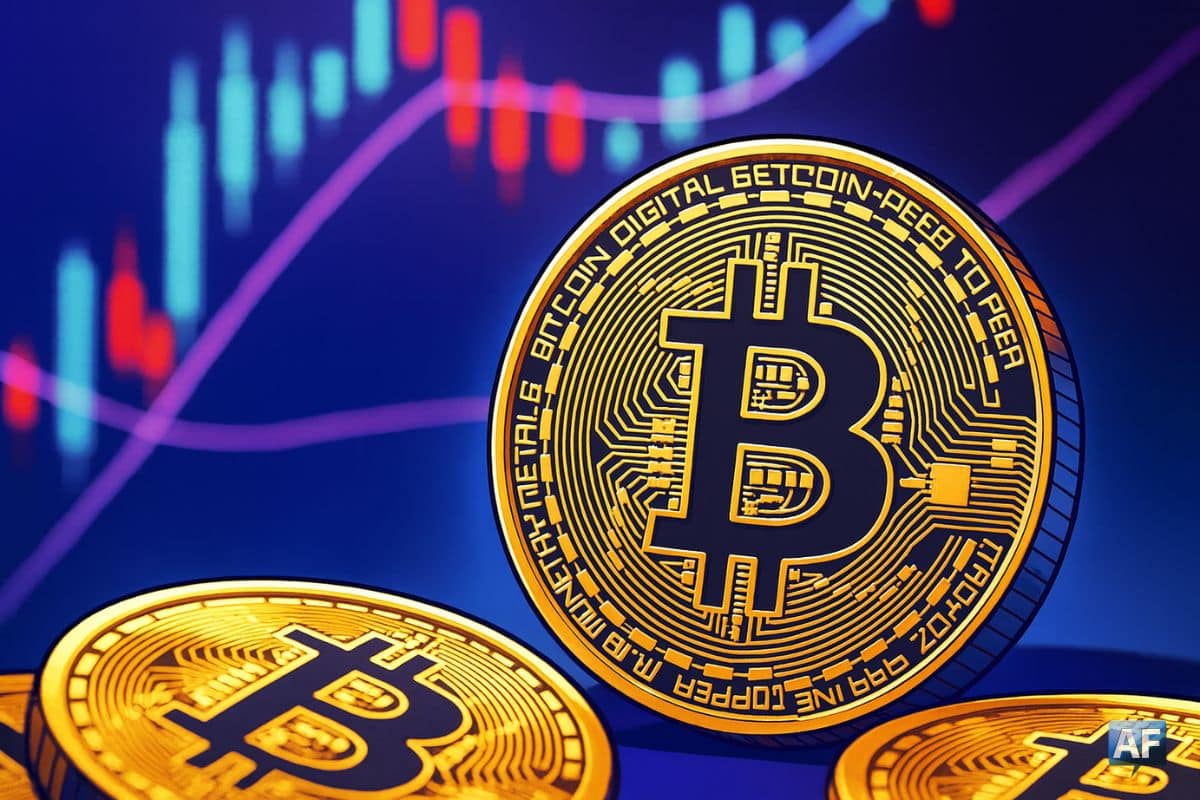 Visuel manga montrant un Bitcoin brillant sur fond de graphique haussier flou, illustrant le rebond du BTC au-dessus des 87 000 dollars et les tensions liées à un potentiel short squeeze.