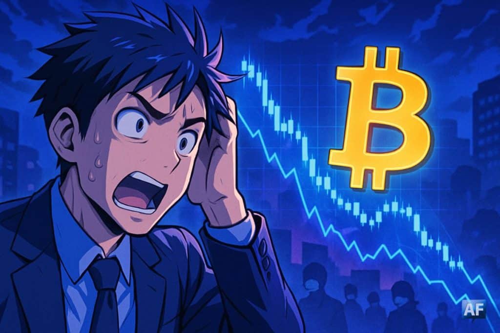 Illustration manga montrant un personnage choqué devant un graphique Bitcoin en chute, avec couleurs bleu et violet et profondeur de champ évoquant une situation de marché rare comparable à celle du COVID en 2020.