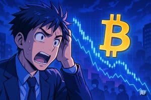 Illustration manga montrant un personnage choqué devant un graphique Bitcoin en chute, avec couleurs bleu et violet et profondeur de champ évoquant une situation de marché rare comparable à celle du COVID en 2020.