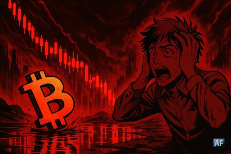 Bitcoin en forte chute avec une atmosphère de krach et pression vendeuse.