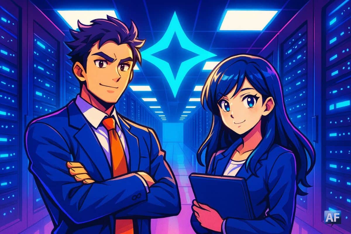 Illustration manga représentant un data center futuriste aux tons bleu et violet, symbolisant la croissance de CleanSpark en 2025 et son expansion dans l’IA.