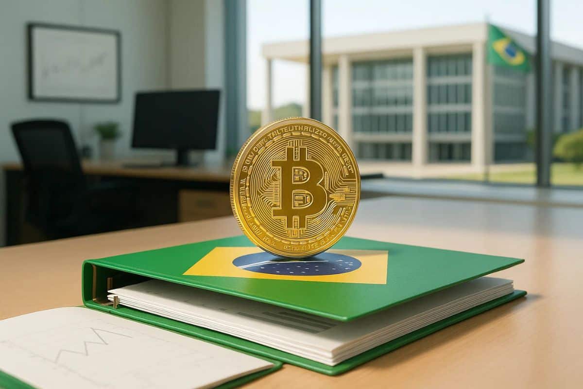 Image ultra réaliste, format horizontal 1200x800, ambiance lumineuse et professionnelle. Représentation de l’adoption du Bitcoin dans les trésoreries brésiliennes : un bureau administratif moderne avec une grande table claire, sur laquelle repose un dossier ou un classeur aux couleurs du Brésil (vert, jaune et bleu), légèrement ouvert, laissant apparaître un graphique neutre (sans texte). Au centre de la scène, une grande pièce de Bitcoin dorée, brillante, posée comme un actif de réserve. En arrière-plan, une vue claire d’une mairie ou d’un bâtiment institutionnel brésilien moderne, baigné de lumière naturelle. Intègre des éléments discrets évoquant la finance (tableau de suivi, écrans neutres sans texte). Ton général : clair, réaliste, équilibré, sans aucun texte ni surcharge visuelle. Ambiance sereine, symbolisant une adoption mesurée mais stratégique de Bitcoin.