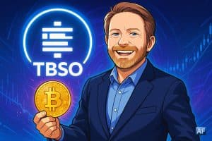 Illustration manga d’un homme souriant en costume bleu tenant une pièce Bitcoin dorée, avec un fond futuriste bleu-violet et le logo TBSO éclatant en néon derrière lui.