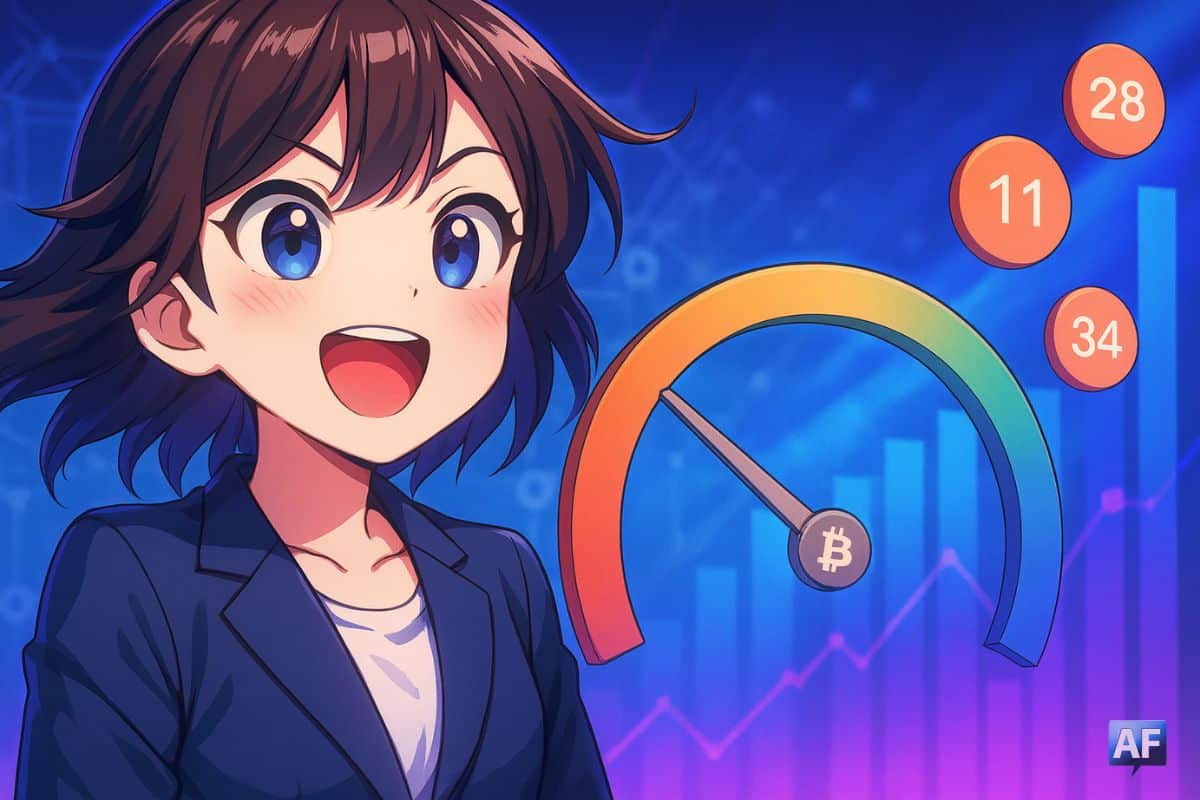 Illustration manga représentant la remontée du Fear & Greed Index avec un personnage animé optimiste et un fond crypto en dégradés de bleu et violet.