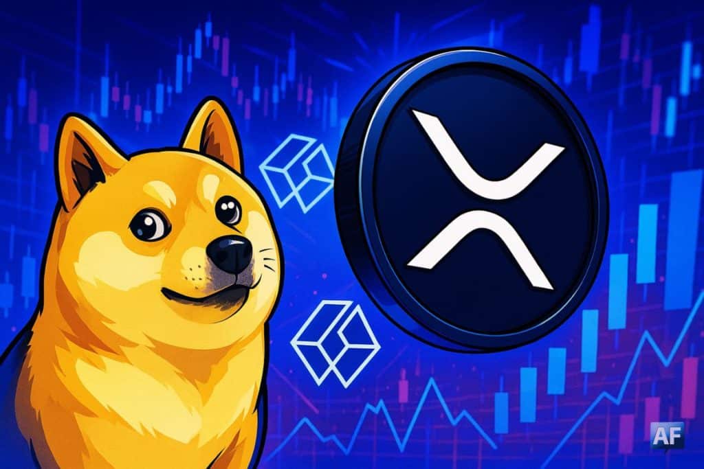 Illustration de style manga montrant Dogecoin représenté par un Shiba Inu souriant à gauche, et une pièce XRP bleu foncé à droite avec son logo blanc. En arrière-plan, des graphiques financiers flous et des symboles de Grayscale apparaissent en bleu et violet, créant une ambiance dynamique et technologique.