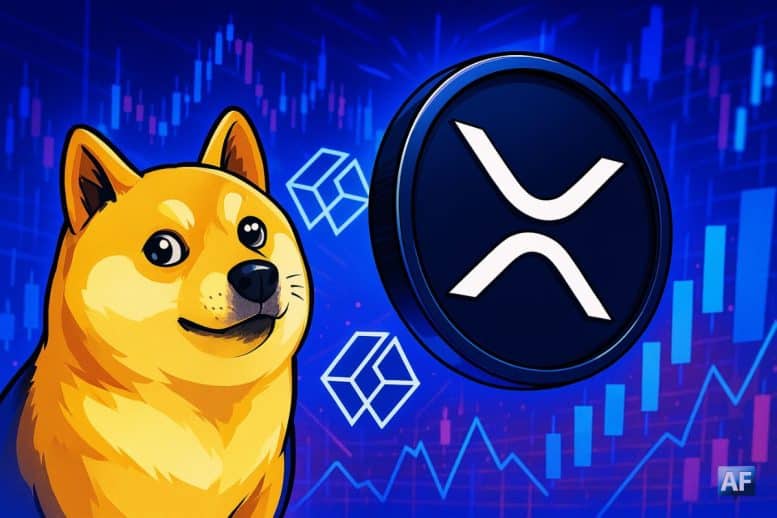 Illustration de style manga montrant Dogecoin représenté par un Shiba Inu souriant à gauche, et une pièce XRP bleu foncé à droite avec son logo blanc. En arrière-plan, des graphiques financiers flous et des symboles de Grayscale apparaissent en bleu et violet, créant une ambiance dynamique et technologique.