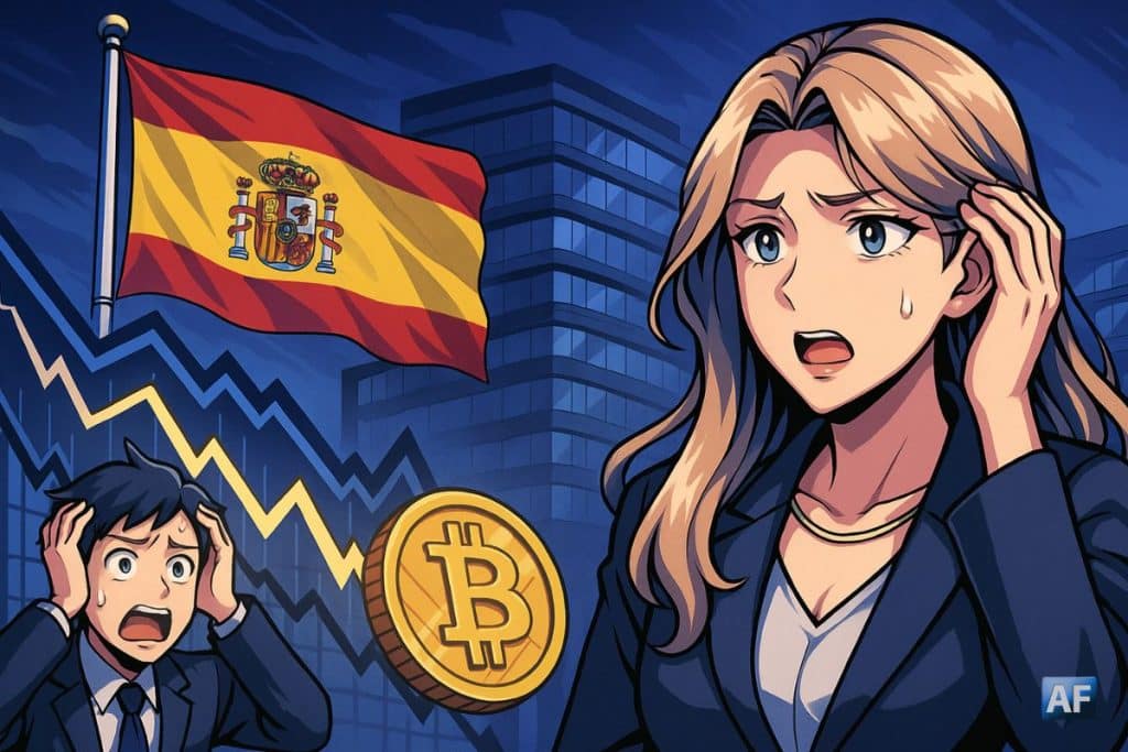 Illustration manga représentant des investisseurs inquiets face à la taxe crypto de 47 % annoncée en Espagne, avec un drapeau espagnol et un Bitcoin en chute.