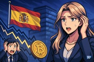 Illustration manga représentant des investisseurs inquiets face à la taxe crypto de 47 % annoncée en Espagne, avec un drapeau espagnol et un Bitcoin en chute.