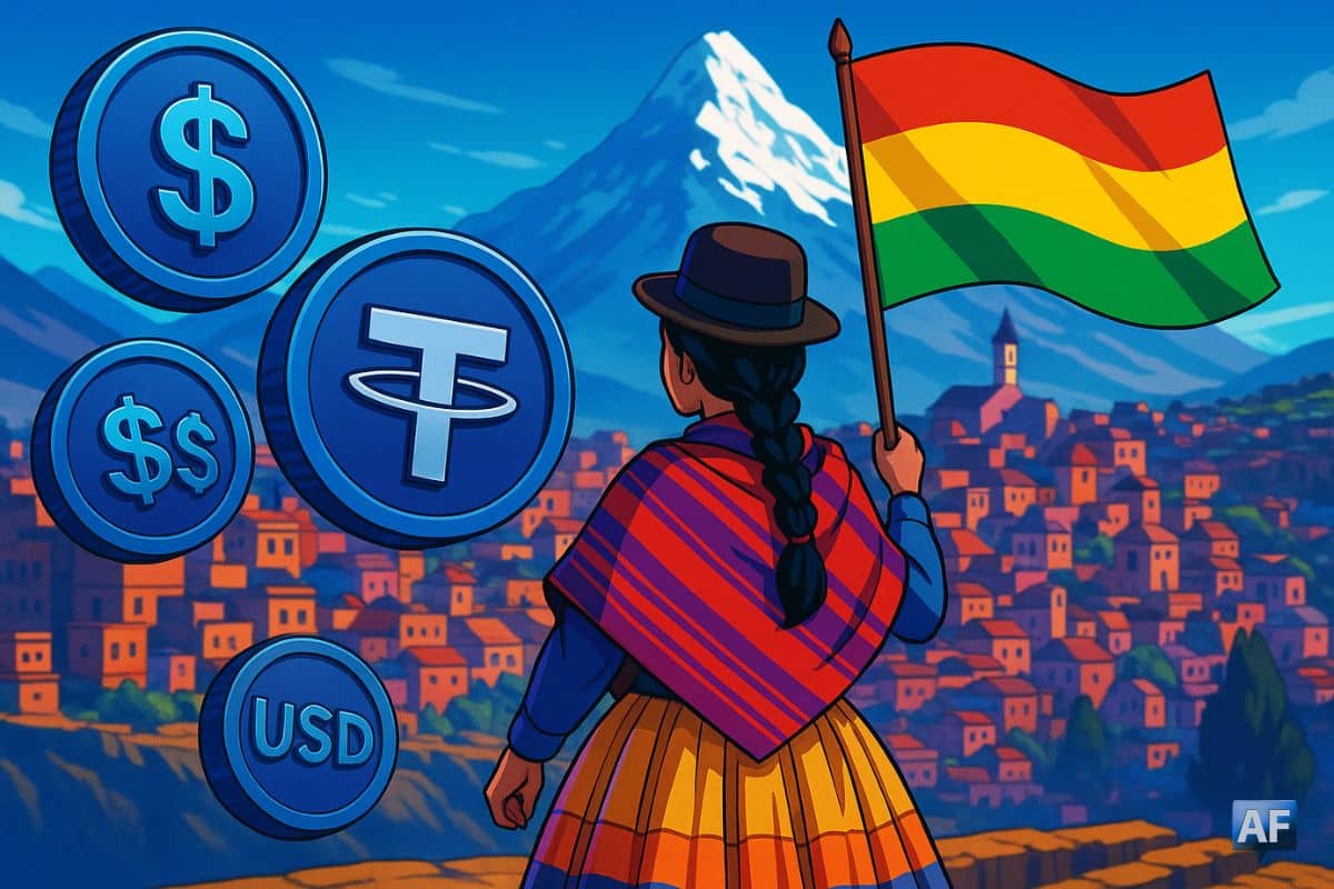 Illustration manga de la Bolivie avec une femme en tenue traditionnelle face à une ville andine et des pièces de stablecoins en premier plan, symbolisant l’adoption des cryptomonnaies dans le système bancaire bolivien.