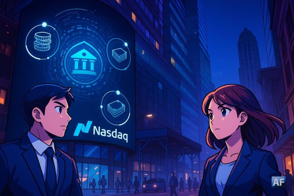 Manga futuriste représentant deux personnages devant le Nasdaq, avec un écran affichant des icônes financières digitales, illustrant le projet d’actions tokenisées et l’analyse de la SEC.