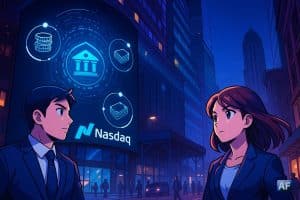 Manga futuriste représentant deux personnages devant le Nasdaq, avec un écran affichant des icônes financières digitales, illustrant le projet d’actions tokenisées et l’analyse de la SEC.