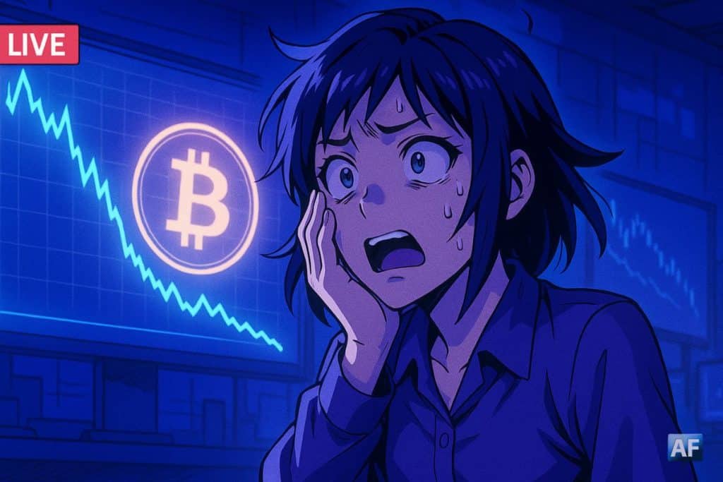Visuel manga montrant une scène de panique face à la chute du prix du Bitcoin, avec graphes en baisse et ambiance bleutée représentant la peur extrême sur le marché crypto.