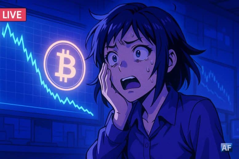 Visuel manga montrant une scène de panique face à la chute du prix du Bitcoin, avec graphes en baisse et ambiance bleutée représentant la peur extrême sur le marché crypto.