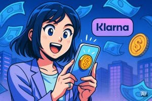 Illustration manga d’une jeune femme souriante tenant un smartphone affichant une pièce numérique, avec en arrière-plan flou des billets, des pièces et des immeubles bleutés ; palette bleue/violet vif, ambiance dynamique et futuriste.