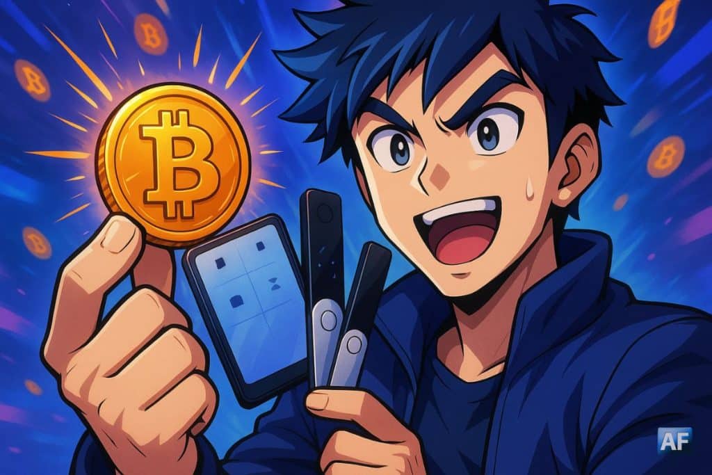 Illustration manga dynamique montrant un personnage enthousiaste tenant une pièce Bitcoin et des portefeuilles Ledger, avec un arrière-plan bleu et violet vibrant représentant la sécurité crypto.