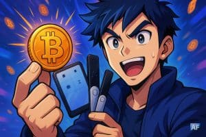Illustration manga dynamique montrant un personnage enthousiaste tenant une pièce Bitcoin et des portefeuilles Ledger, avec un arrière-plan bleu et violet vibrant représentant la sécurité crypto.