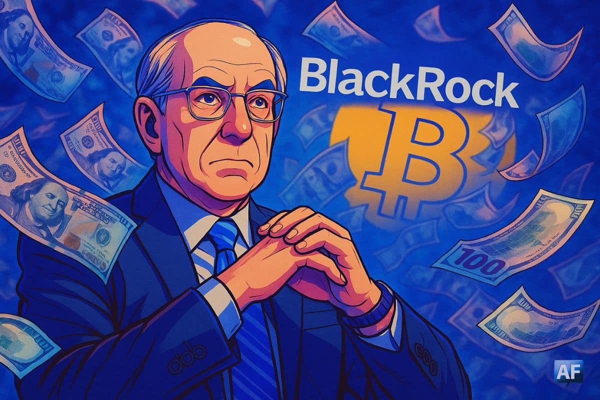 Illustration manga dynamique représentant un dirigeant de BlackRock entouré de billets en mouvement, avec le logo Bitcoin en arrière-plan, symbolisant l'essor record des ETF Bitcoin.