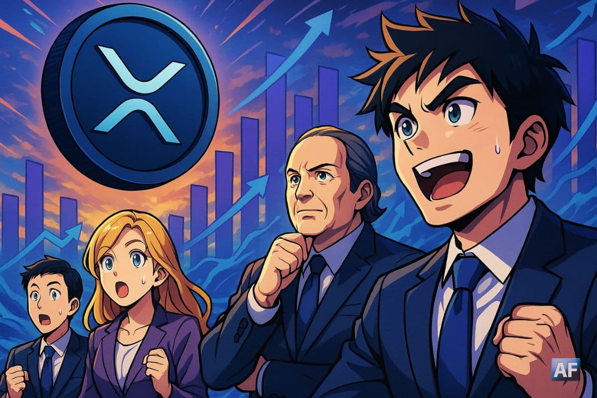 Illustration manga dynamique montrant des investisseurs observant la hausse des ETF XRP, avec un jeton XRP lumineux au premier plan et des graphiques ascendants en arrière-plan.