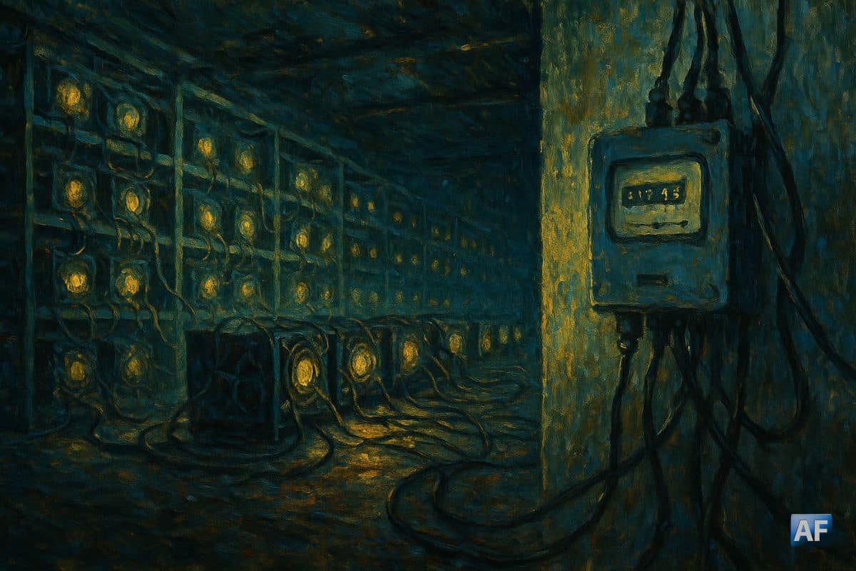 Ferme de minage clandestine en Malaisie avec machines surchargées et compteur électrique trafiqué.