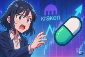 Illustration manga montrant une femme surprise devant une capsule verte symbolisant Pump.fun, avec en arrière-plan un graphique financier et le logo Kraken, évoquant un transfert massif et la volatilité du marché memecoin.