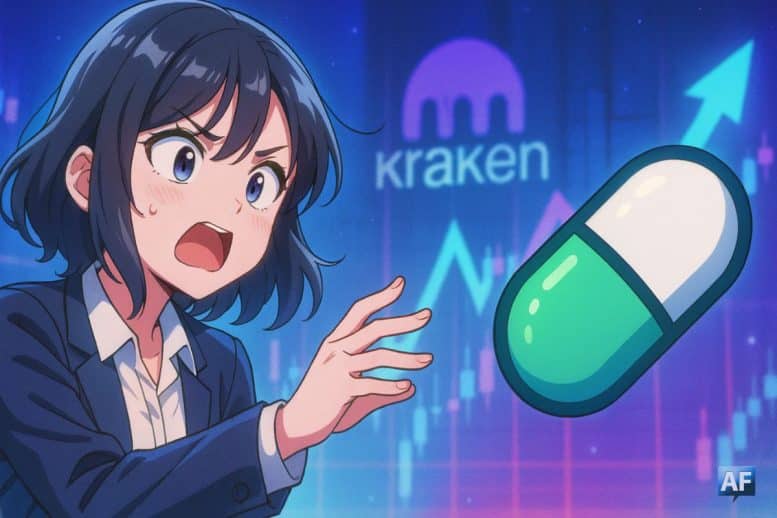 Illustration manga montrant une femme surprise devant une capsule verte symbolisant Pump.fun, avec en arrière-plan un graphique financier et le logo Kraken, évoquant un transfert massif et la volatilité du marché memecoin.