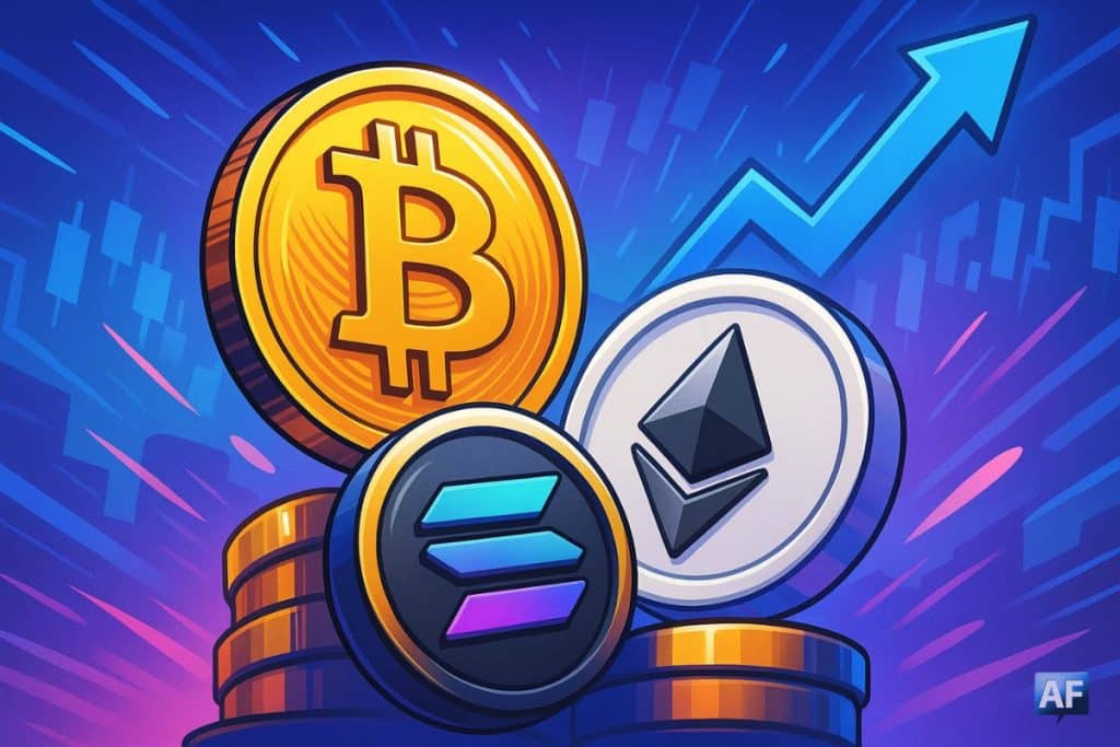 Illustration style manga représentant des jetons Bitcoin, Ethereum et Solana en couleurs vives, avec une flèche ascendante symbolisant le rebond des ETFs Bitcoin.