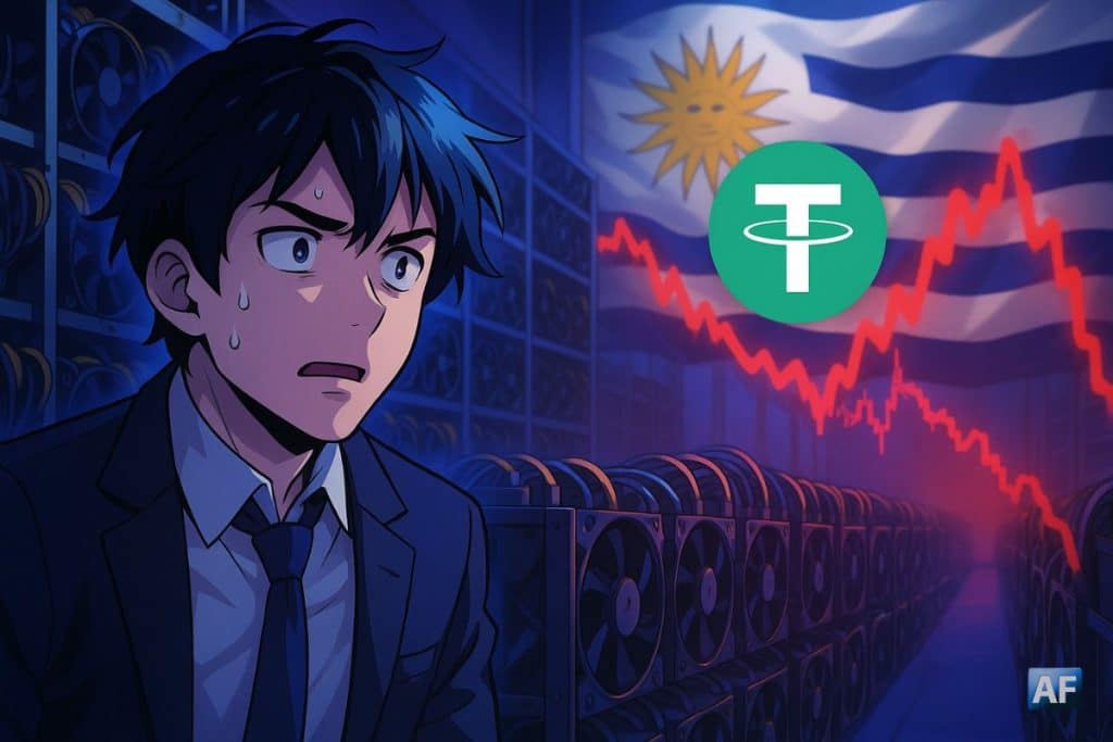 Visuel manga montrant un opérateur de mining inquiet devant une ferme de minage en Uruguay, avec le logo Tether et un graphique rouge en chute, illustrant l’arrêt des opérations de Tether à cause de la hausse des coûts énergétiques.
