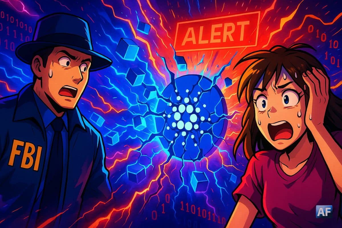 Manga illustrant une explosion numérique du réseau Cardano, avec un agent du FBI paniqué à gauche et une jeune femme affolée à droite, entourés d’éclairs bleus et rouges symbolisant un incident majeur causé par une transaction générée par IA.