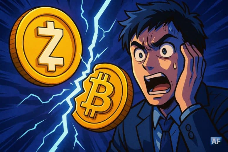 Illustration manga montrant un homme inquiet observant les logos de Zcash et Bitcoin flottant, symbolisant les tensions potentielles dans l’écosystème crypto.