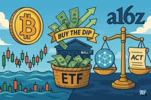 Une scène BD en paysage illustrant la stabilisation de BTC, des entrées dans les ETF Bitcoin et le débat a16z sur les stablecoins, avec balance « Act » versus jeton décentralisé.
