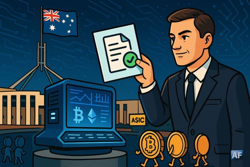 Un régulateur australien remet une licence financière à une plateforme crypto futuriste devant le Parlement de Canberra, tandis que des pièces Bitcoin anthropomorphisées font la queue sous un ciel numérique bleu nuit.