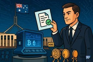 Un régulateur australien remet une licence financière à une plateforme crypto futuriste devant le Parlement de Canberra, tandis que des pièces Bitcoin anthropomorphisées font la queue sous un ciel numérique bleu nuit.