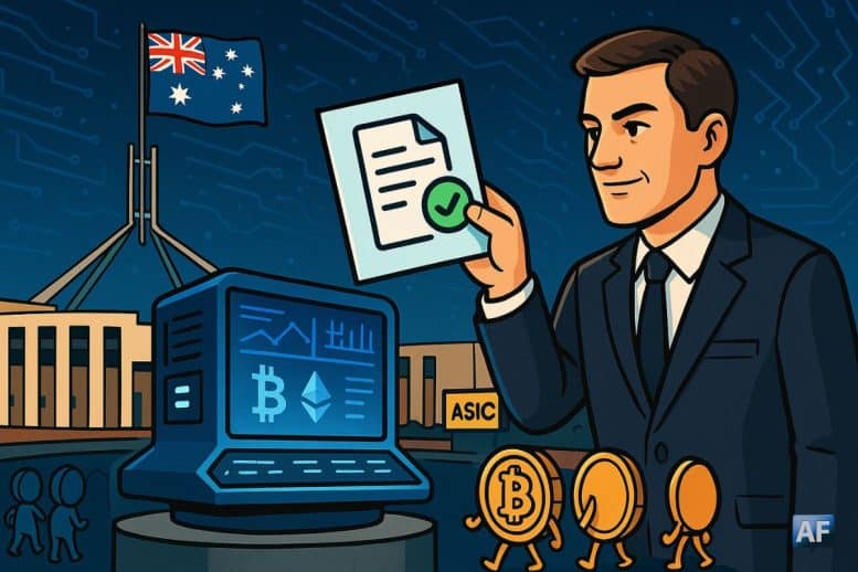 Un régulateur australien remet une licence financière à une plateforme crypto futuriste devant le Parlement de Canberra, tandis que des pièces Bitcoin anthropomorphisées font la queue sous un ciel numérique bleu nuit.