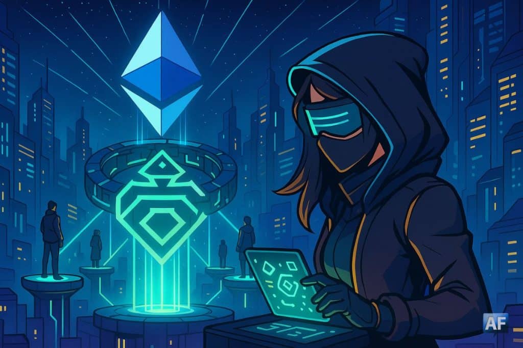 Dans une cité futuriste nocturne, un énorme logo Ethereum lumineux projette des faisceaux d’énergie vers un anneau secondaire symbolisant un L2, connecté à des individus validateurs, observés par une cyber-espionne.