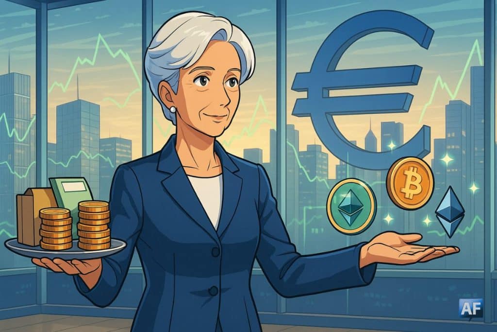 Christine Lagarde dans une salle vitrée de la BCE, équilibrant pièces en euros et jetons crypto devant un gigantesque symbole de l’euro sur fond de skyline.