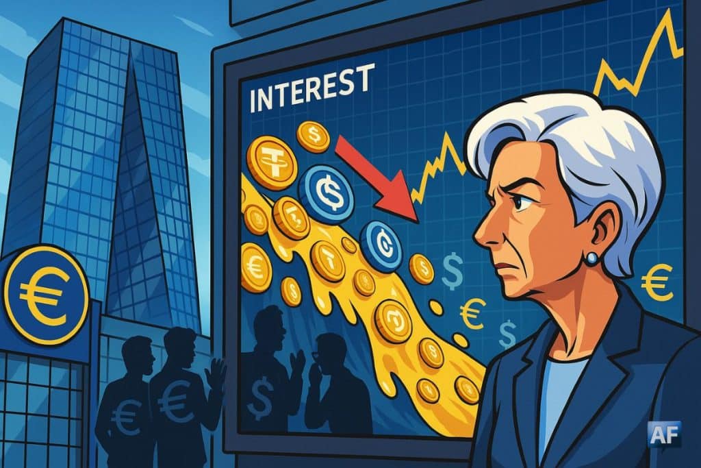 Christine Lagarde, inquiète devant le siège de la BCE, observant un écran où une vague de pièces symbolisant les stablecoins fait chuter les taux d’intérêt.