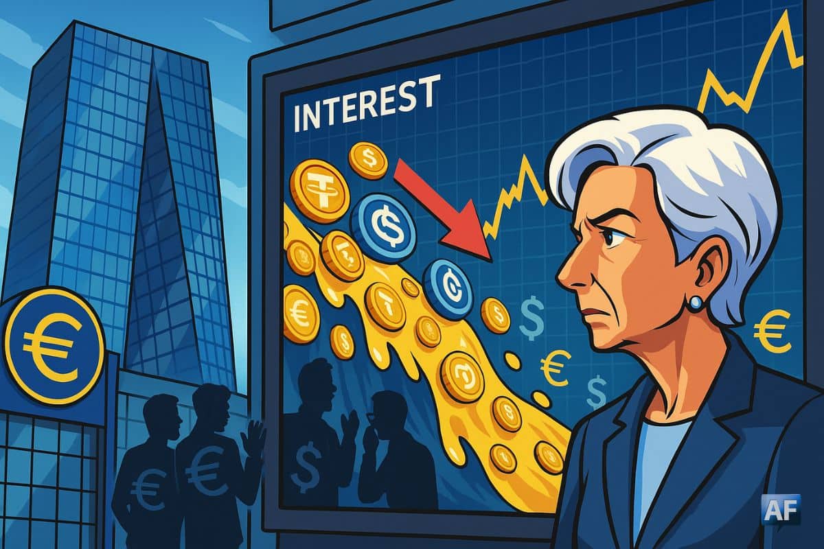 Christine Lagarde, inquiète devant le siège de la BCE, observant un écran où une vague de pièces symbolisant les stablecoins fait chuter les taux d’intérêt.