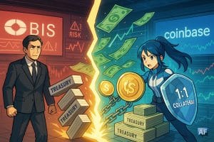 Un banquier central inquiet fait face à une héroïne Coinbase brandissant un bouclier “1:1 collateral”, séparées par une fissure lumineuse au milieu de Treasuries chancelants et de jetons de stablecoins enchaînés.