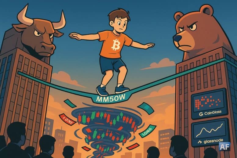 Un funambule « ₿ » avance sur une slackline « MM50W » tendue entre un gratte-ciel-taureau et un gratte-ciel-ours, au-dessus d’un tourbillon de chandeliers et de tickets LONG/SHORT, sous le regard des traders.