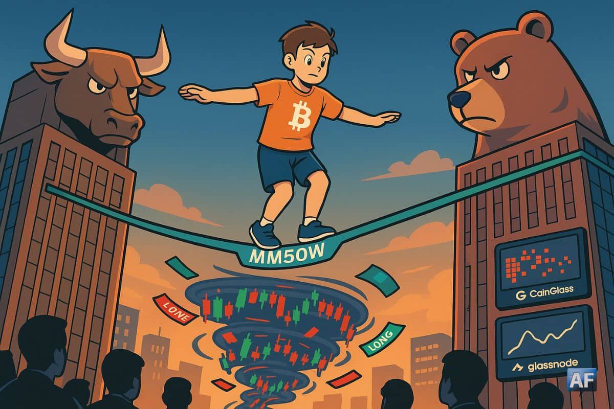 Un funambule « ₿ » avance sur une slackline « MM50W » tendue entre un gratte-ciel-taureau et un gratte-ciel-ours, au-dessus d’un tourbillon de chandeliers et de tickets LONG/SHORT, sous le regard des traders.