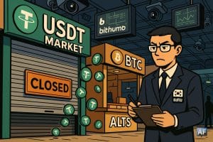 Un agent régulateur nord-coréen passe devant un stand USDT en train de fermer.