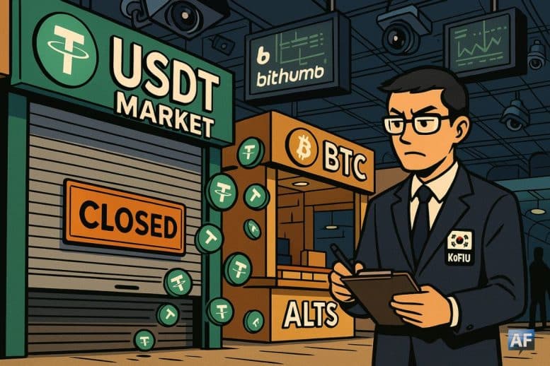 Un agent régulateur nord-coréen passe devant un stand USDT en train de fermer.