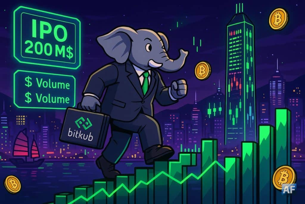 Un éléphant d’affaires portant une mallette Bitkub gravit des marches en forme de graphiques verts devant la skyline néon de Hong Kong, entouré de pièces Bitcoin et d’écrans affichant « IPO 200 M$ ».
