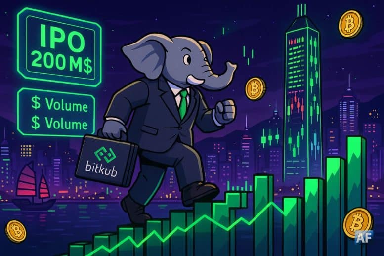Un éléphant d’affaires portant une mallette Bitkub gravit des marches en forme de graphiques verts devant la skyline néon de Hong Kong, entouré de pièces Bitcoin et d’écrans affichant « IPO 200 M$ ».