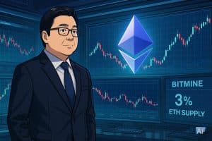 Dans une salle de marché crypto futuriste, Tom Lee observe sereinement un mur d’écrans affichant la volatilité d’Ethereum et un immense logo ETH lumineux dominant la scène.